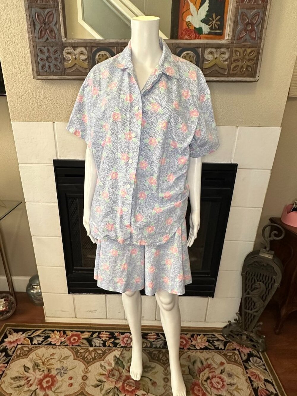 Blue Pink Floral 2 Pc Top Short Sleeve Bermuda Skort Pockets Lounge Set 3X